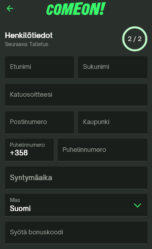 ComeOn rekisteröinnin toinen vaihe, bonuskoodi-kenttä näkyvissä