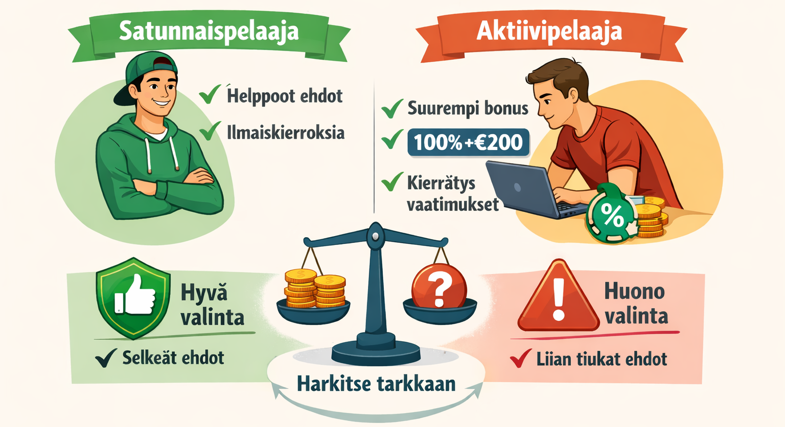 Kasinobonuksen valinta pelitottumusten ja ehtojen perusteella